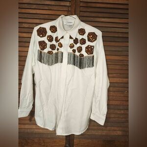 White Button Down Shirt with Fringe and Embellishments